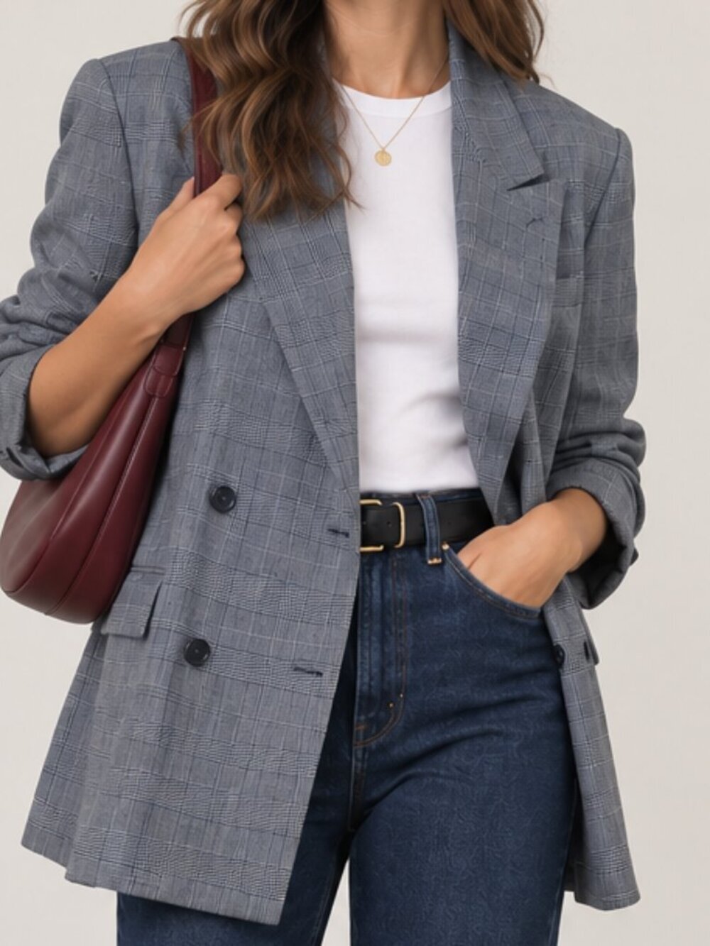 Vintage Navy Plaid Blazer Double Breasted Jacket Glen Check Oversized Corporate